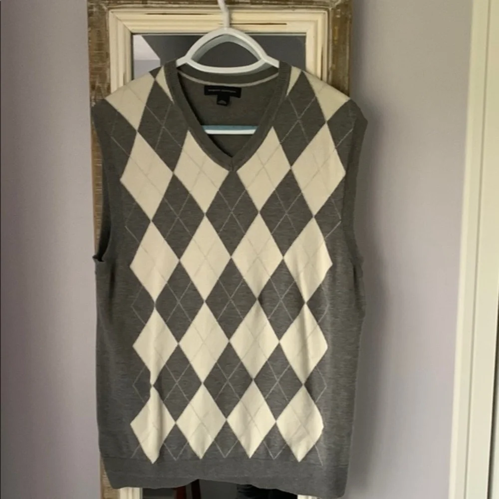 Banana Republic Argyle Diamond Sweater Vest V Neck Large Gray White‎ Cotton Wool